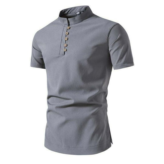JWZUY Men's Plain Short Sleeve Henley T-Shirt Summer Casual Pullover Top Vintage Button-Up Stand Collar Blouse Linen Shirts Gray 2XL