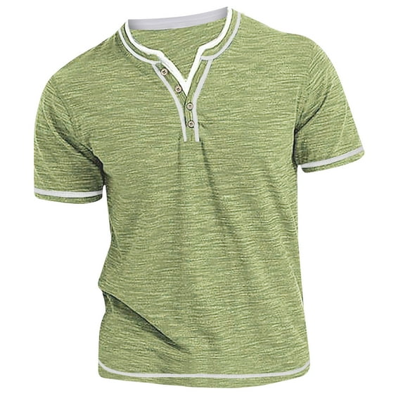 JWZUY Men's Plain Short Sleeve Henley V-Neck T-Shirt Summer Casual Button up Pullover Top Contrast Striped Blouse Green L