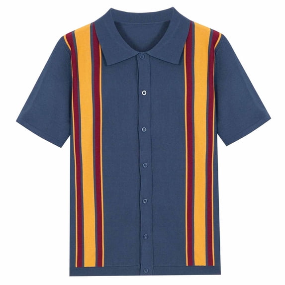 JWZUY Men's Striped Lapel Collar Button Down Short Sleeve Cozy Casual Blouse Fashion Tops Navy L