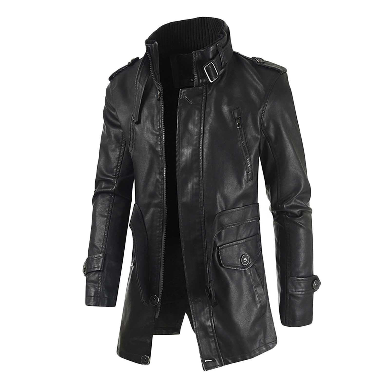 JWZUY Mens Faux Leather Jacket Trench Coat Belted Classic Outwear
