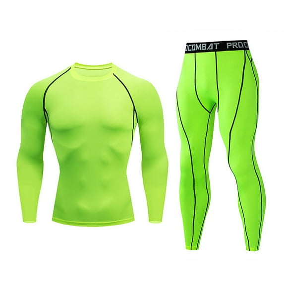 JWZUY Mens Quick Drying Compression Shirts Long Sleeve Athletic Pant Gym Fitness Workout Two Piece Set Green L