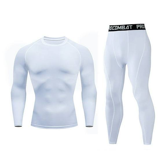JWZUY Mens Quick Drying Compression Shirts Long Sleeve Athletic Pant Gym Fitness Workout Two Piece Set White S