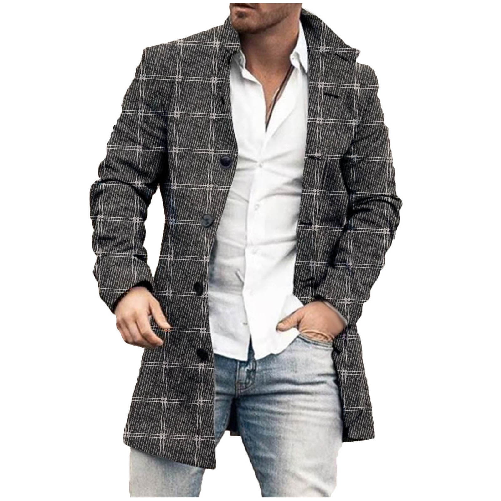 JWZUY Mens Trench Coat Wool Blend Top Coat Winter Long Button Down Solid Plaid Classic Stylish