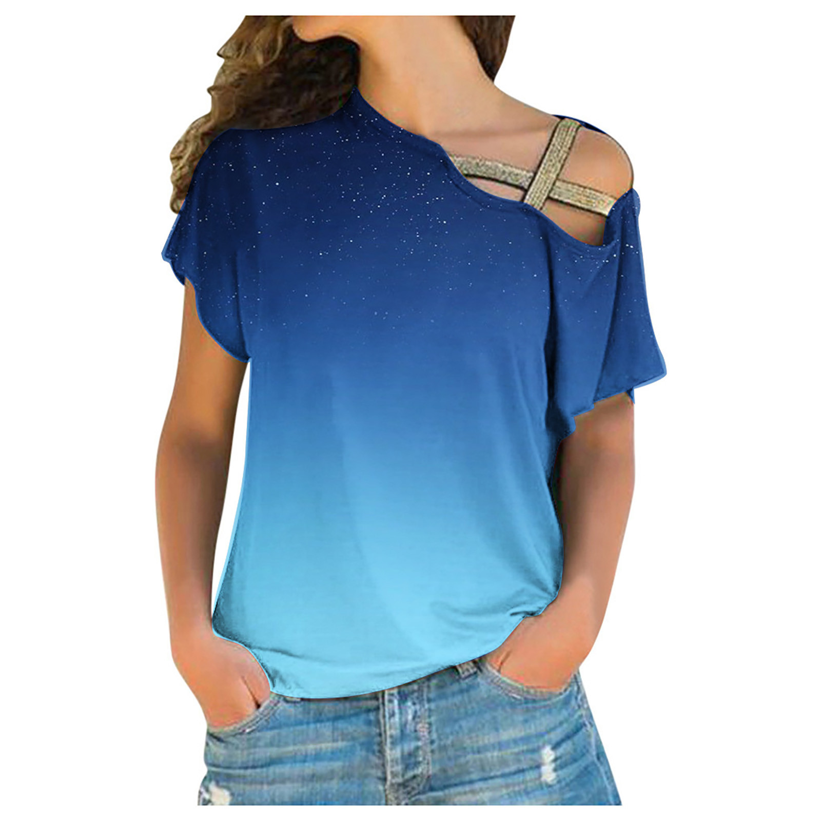 JWZUY One Shoulder Off Short Sleeve Shirts Gradient Blouse Women Criss