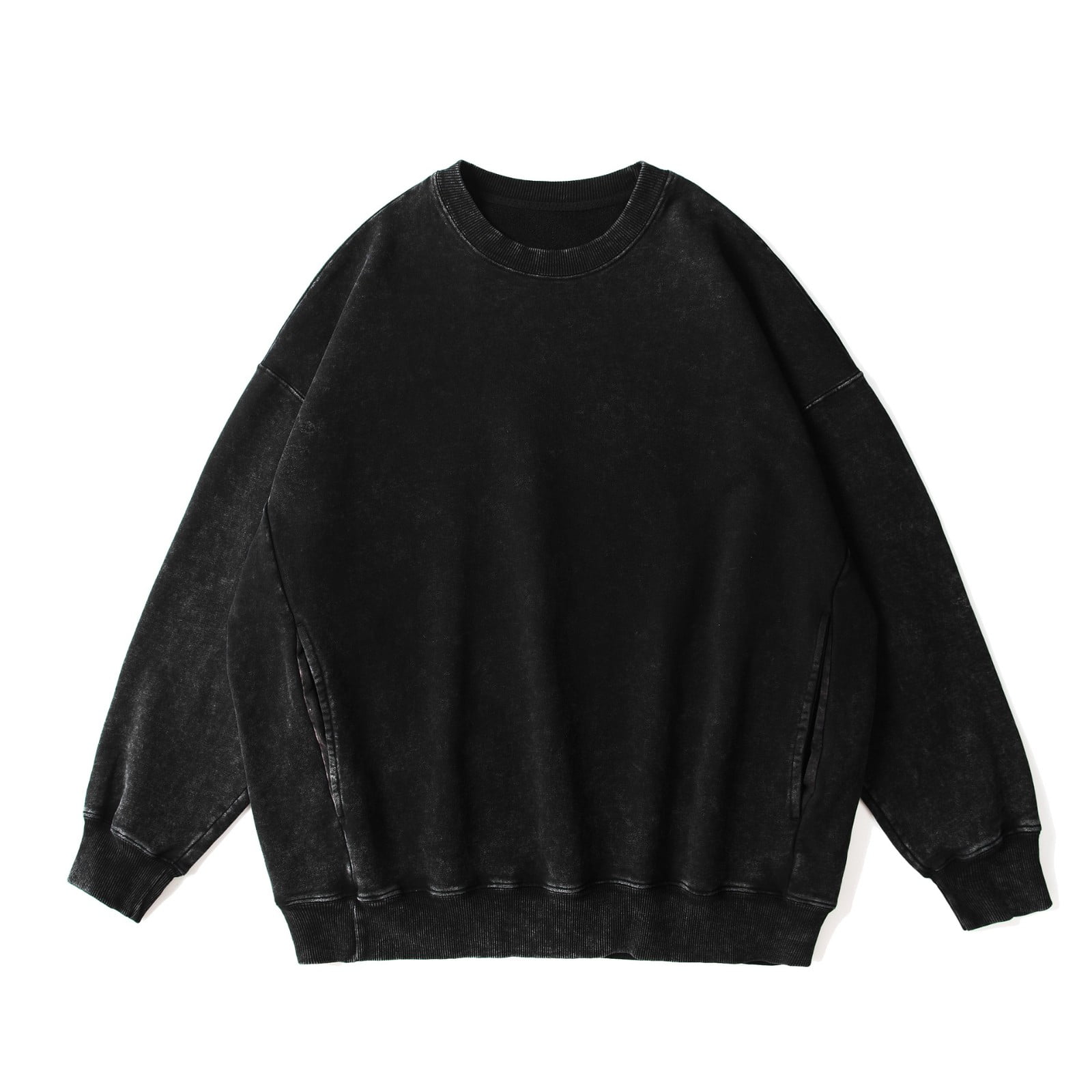 JWZUY Premium Cotton Heavyweight Sweatshirts Wax-dyed Crew Neck Long Sleeve  Plain Fashion Casual Hooded Sweatshirt Hoodie Black M 