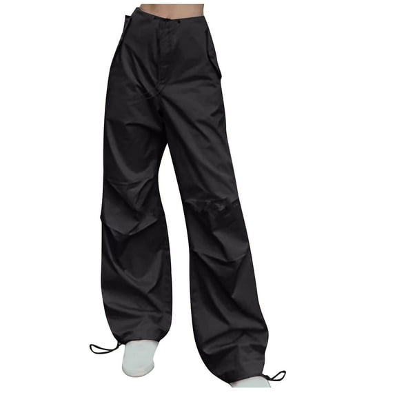 JWZUY Parachute Pants for Women Baggy Cargo Pants with Pockets Drawstring Y2K Streetwear Trousers Black XS