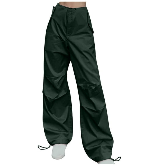 JWZUY Parachute Pants for Women Baggy Cargo Pants with Pockets Drawstring Y2K Streetwear Trousers Navy XS