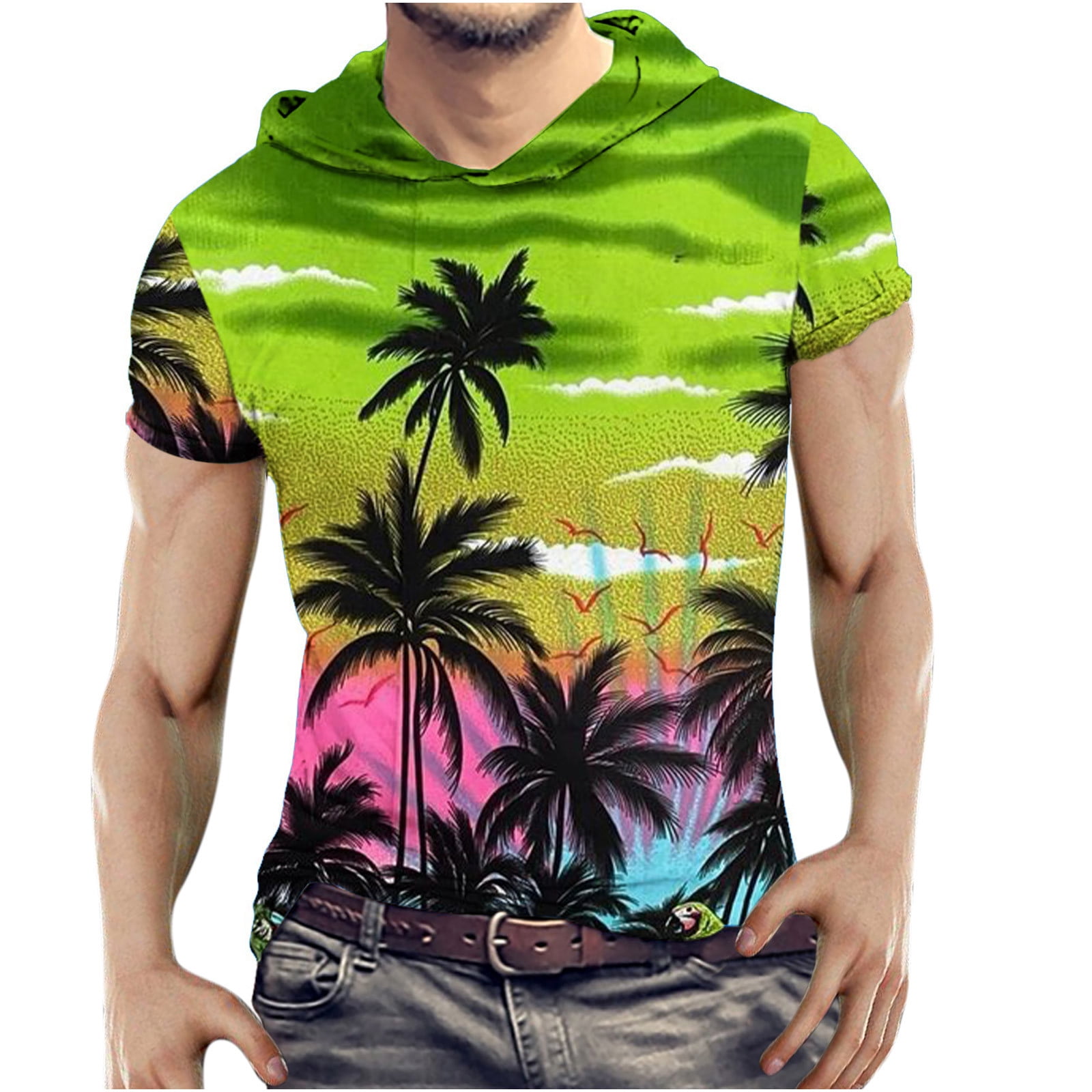 JWZUY Short Sleeve Pullover Lightweight Hawaii Hoodie Shirts For Men Green  XL