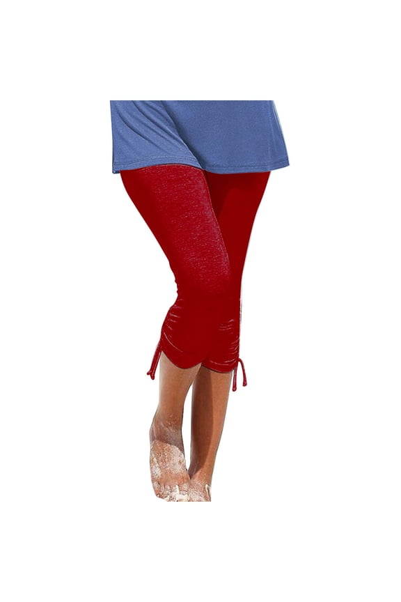 Side Drawstring Capri Leggings for Women Lightweight Elastic Waist Slim Capris Pants Summer Solid Pants 1-Red XXL
