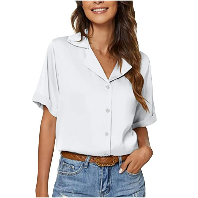 JWZUY Silk Button Down Shirts Short Sleeve V-Neck Satin Blouse Office Tunic  Top for Women White L
