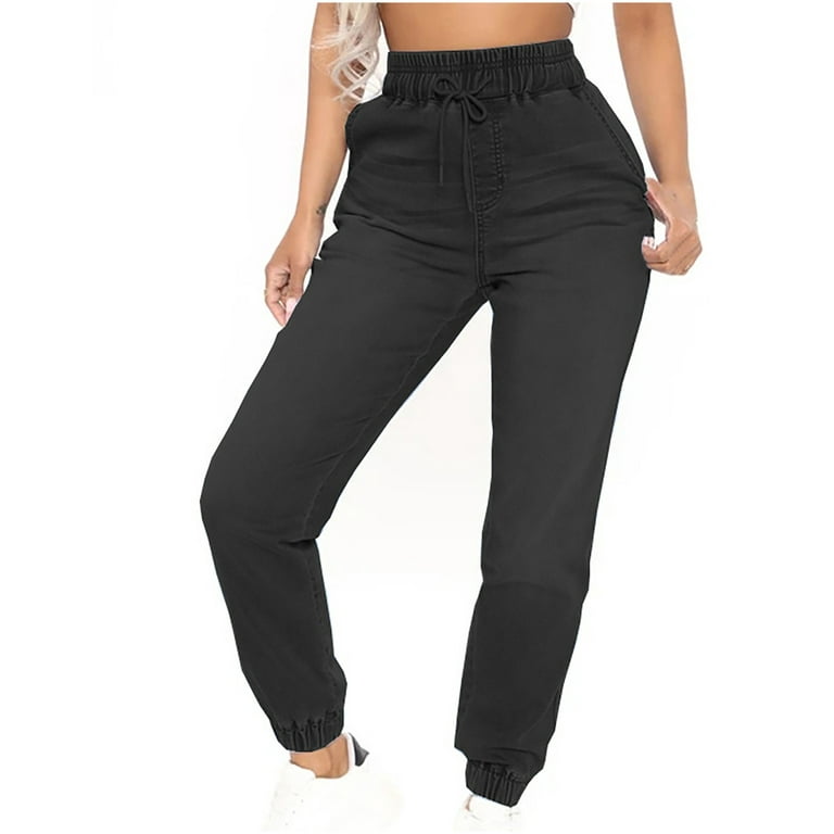 JWZUY Skinny Distressed Denim Pants Elastic Waist Stretch Drawstring  Joggers Sweatpants Jeans Black M