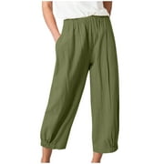 JWZUY Summer Pants for Womens Linen Pants High Waisted Wide Leg Casual Loose Trousers with Pockets Army Green XXXL