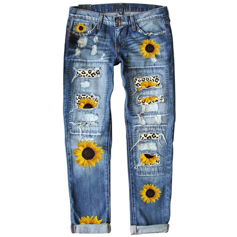 JWZUY Sunflower Print Cropped Ripped Jeans for Women Patchwork Boyfriend  Skinny Distressed Denim Jean Pants Blue XXXL 