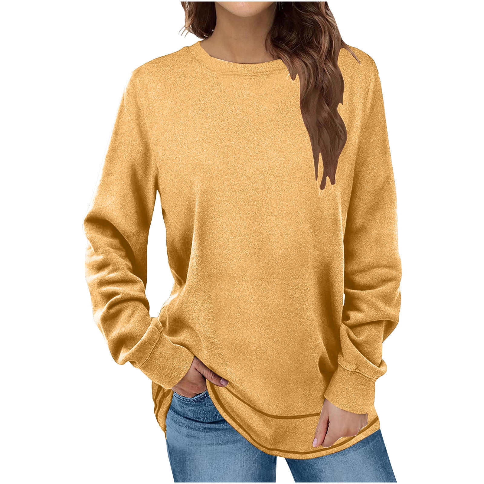 JWZUY Sweatshirts for Women Crewneck Long Sleeve Shirts Tunic Tops for  Leggings Solid Essential Spring Fall Pullover Yellow-06 S