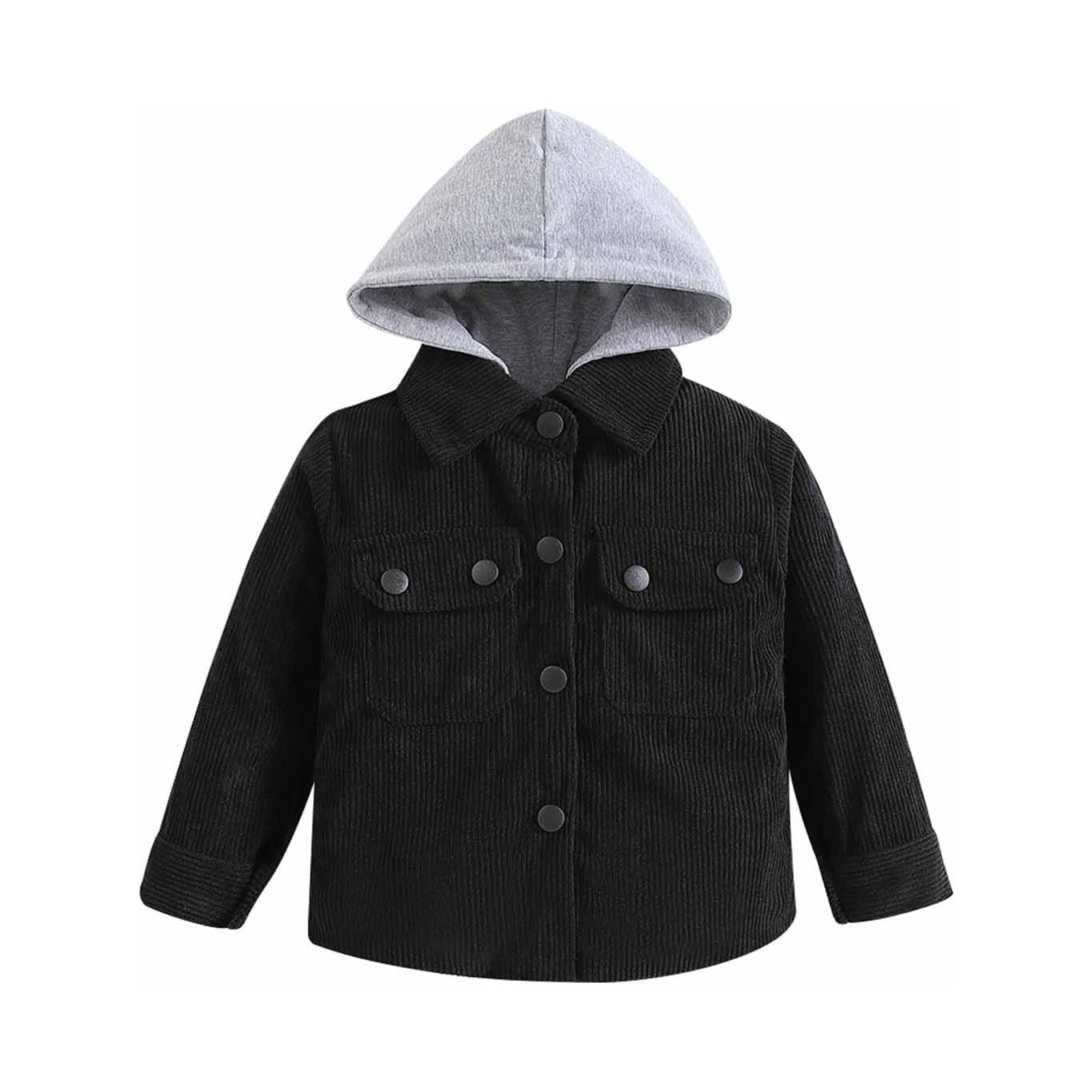 JWZUY Toddler Boy Corduroy Jacket Hood Coat Contrast Color Long Sleeve  Button Closure Winter Jacket Outwear with Cargo Pocket Black 2-3 Years