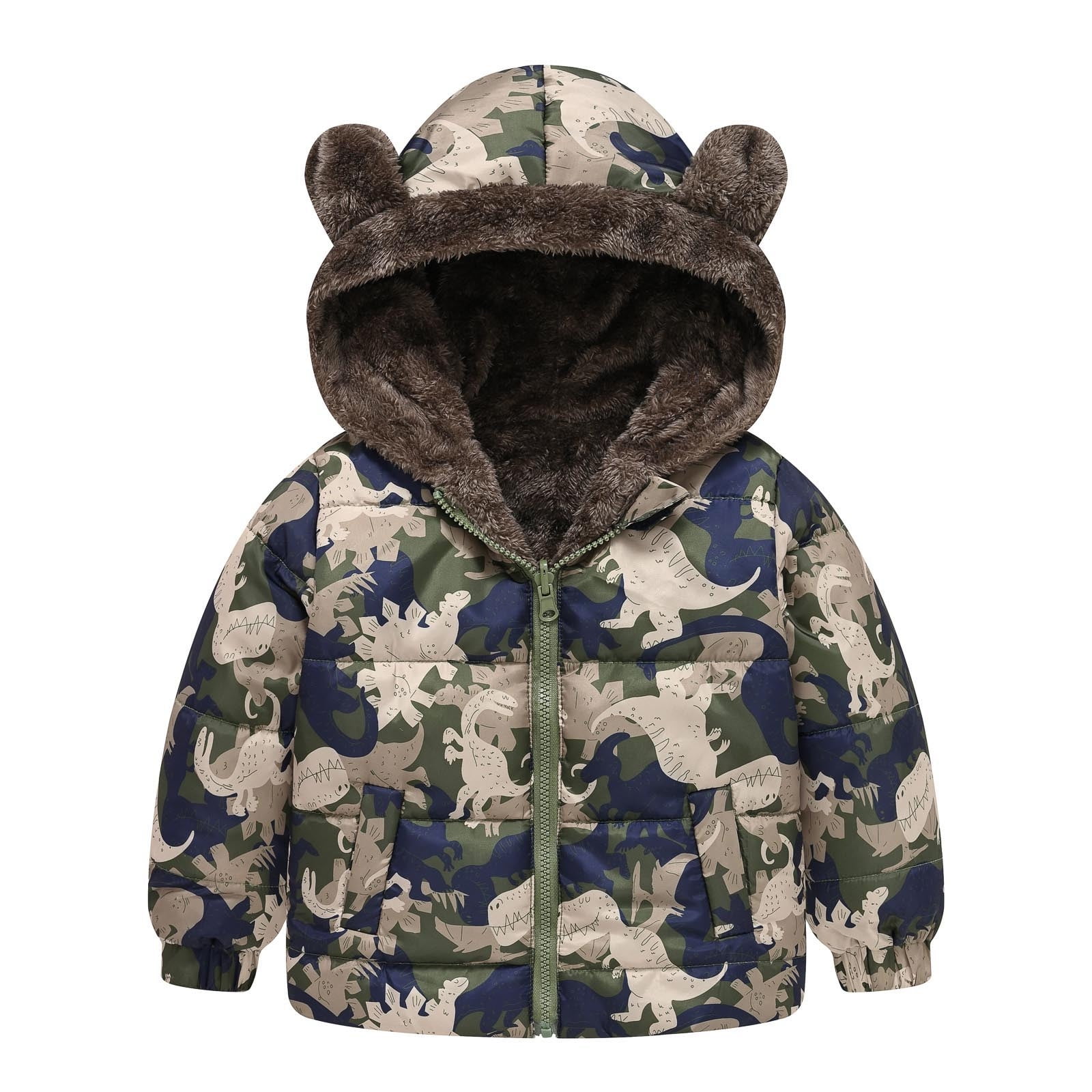 JWZUY Toddler Reversible Camo Dinosaur Print Coat Snowsuit Hooded