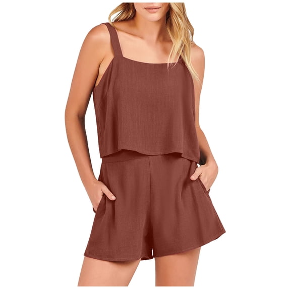 JWZUY Women 2 Piece Outfits Linen Matching Sets Two Piece Lounge Shorts Crop Tops with Pocket Shorts 2023 Summer Clothes Beach Vacation Brown XL