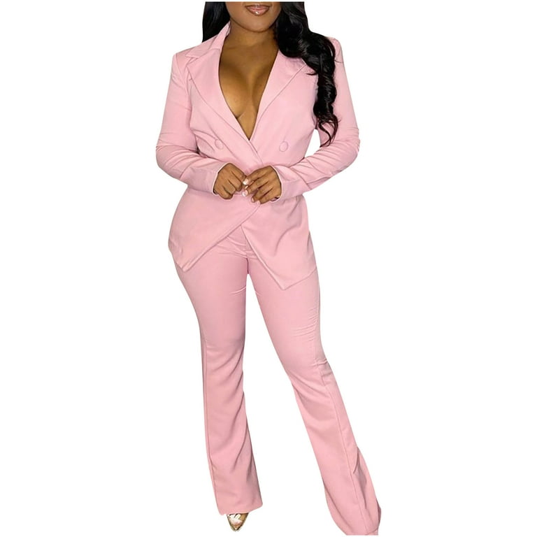 JWZUY Women 2 Piece Outfits Slim Fit Long Sleeve Blazer Set with Wide Leg  Flare Pantsuit Solid Formal Elegant Work Business Suit Pink M 