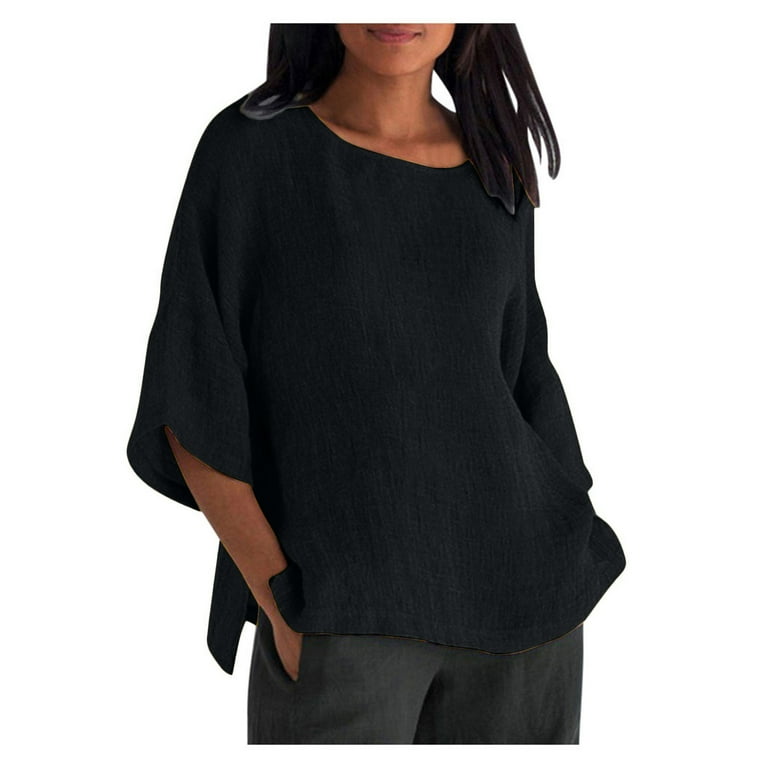 Women 3/4 Bell Sleeve Solid Color Round Neck Plus Size Tops Women 3/4 Bell Sleeve Solid Color Round Neck Plus Size Tops