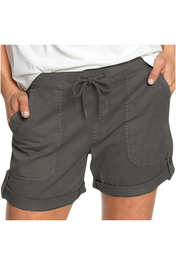 Women Casual Twill Shorts Drawstring Comfy Elastic Waist Shorts Summer Pull On Short with Pockets Roll Up Cuff Shorts Dark Gray M