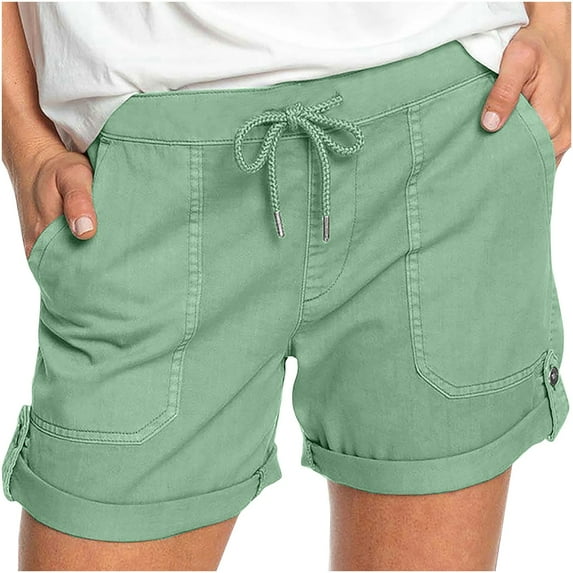 JWZUY Women Casual Twill Shorts Drawstring Comfy Elastic Waist Shorts Summer Pull On Short with Pockets Roll Up Cuff Shorts Green M