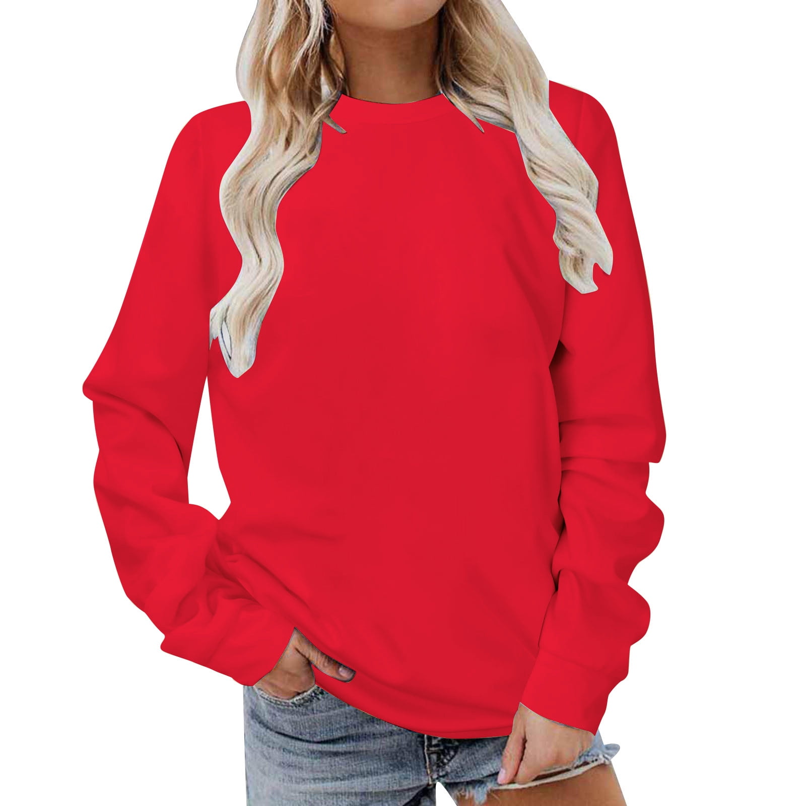JWZUY Women Comfortable Sweatshirt Flattering Jumper Round Neck Long Sleeve Outwear Solid Sweatshirts Cozy Pullover Red L