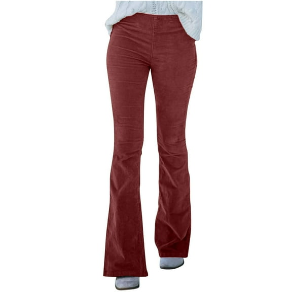 JWZUY Women Corduroy Flare Pants Elastic Waist Bell Bottom Trousers High Waist Pants with Pocket Wine M