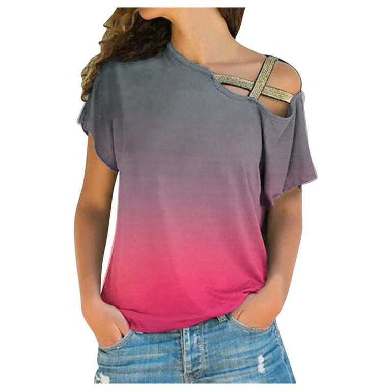 JWZUY Women Criss Cross Shoulder Design Tops Ombre Blouse One Shoulder Off Short Sleeve Shirts Simple Tunic Trendy Tees Colorful Tshirts Pink XL