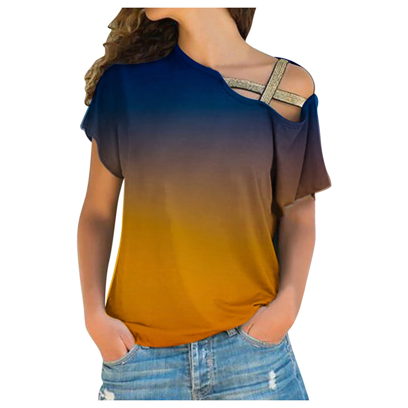 JWZUY Women Criss Cross Shoulder Design Tops Ombre Blouse One Shoulder Off  Short Sleeve Shirts Simple Tunic Trendy Tees Colorful Tshirts Yellow S