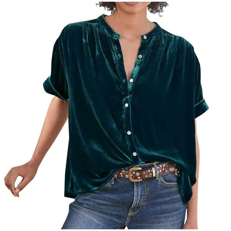 JWZUY Women Dressy Casual Tops V Neck Blouses Velvet Button Down Shirts  Short Sleeve Lapel Collar Tunic Shirts Velour Shirts Green XXL