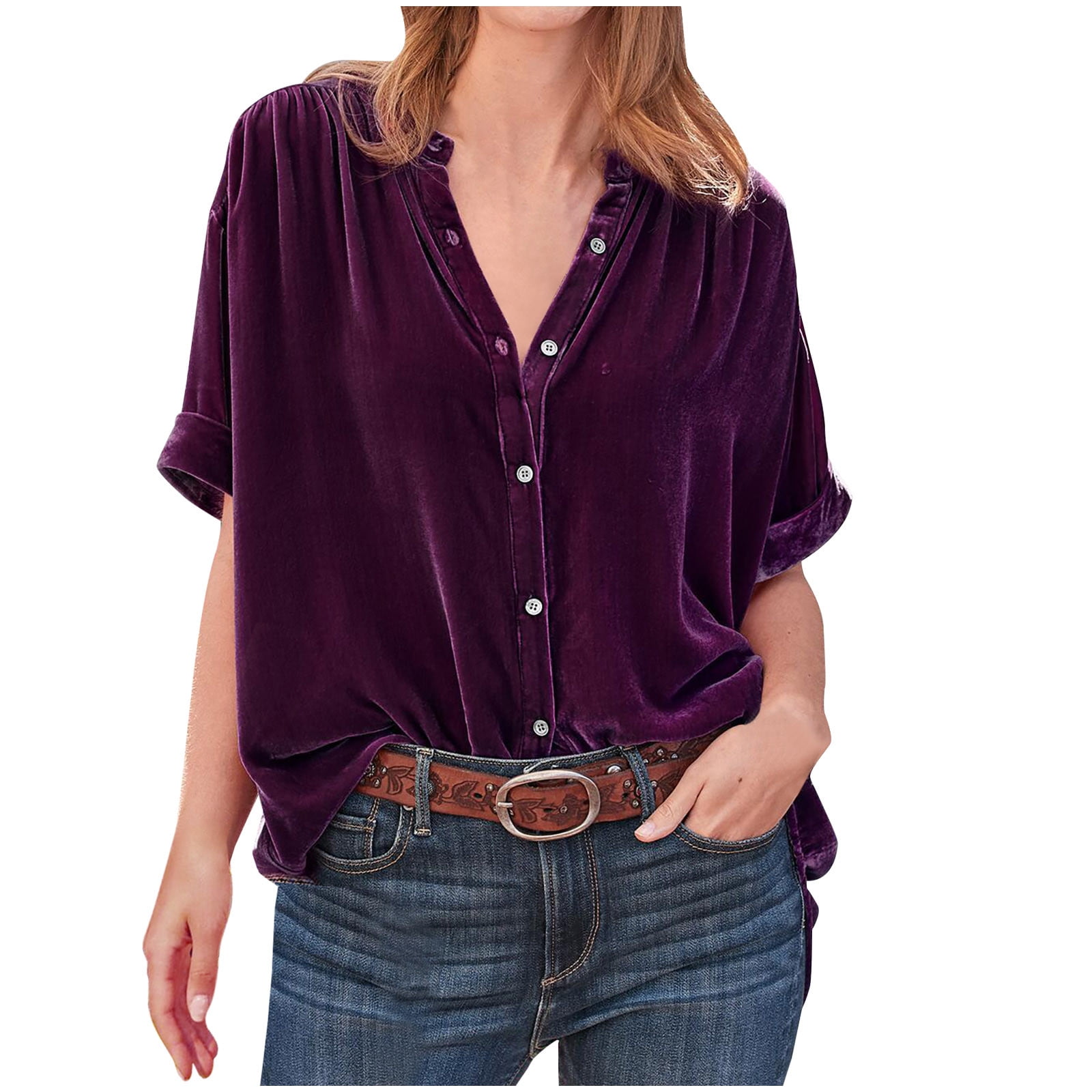 Women Velvet Blouse Shirt Long Sleeve Lapel V Neck Button Up Office Lady  Top