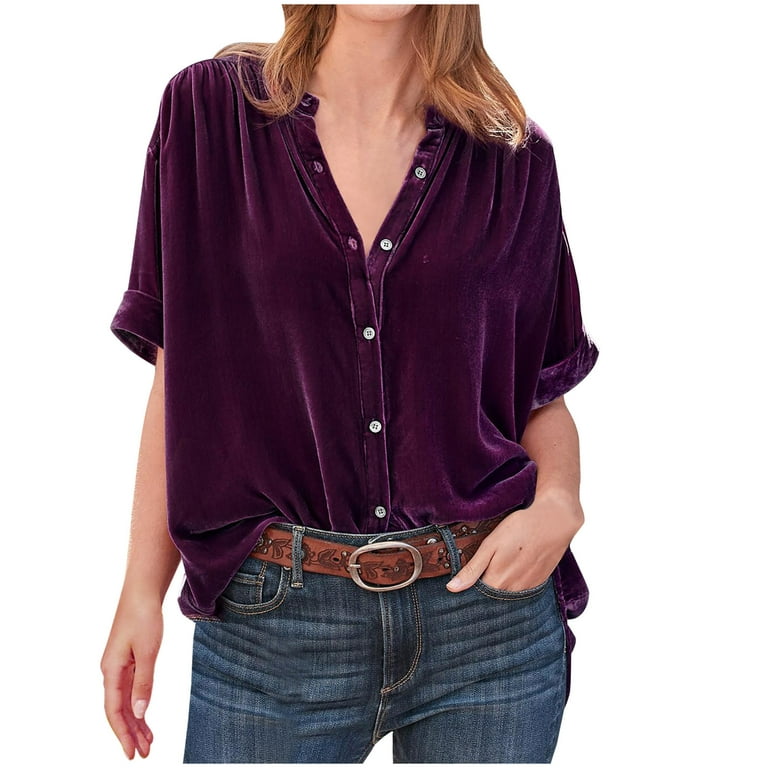 JWZUY Women Dressy Casual Tops V Neck Blouses Velvet Button Down Shirts  Short Sleeve Lapel Collar Tunic Shirts Velour Shirts Purple XXL