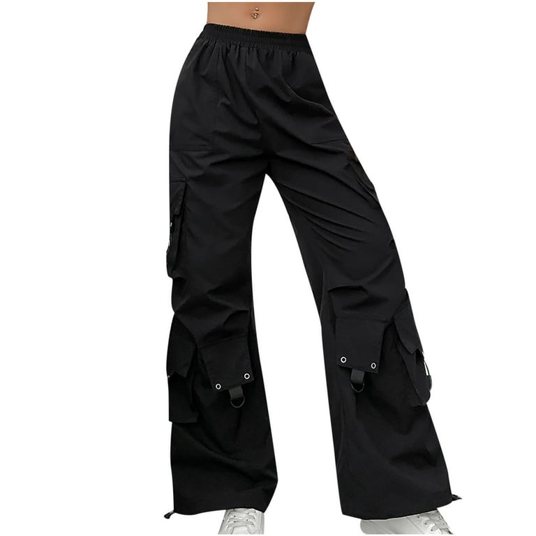 JWZUY Women High Waisted Cargo Pants Wide Leg Straight Casual Pants 6  Pockets Combat Military Trousers Black XXL