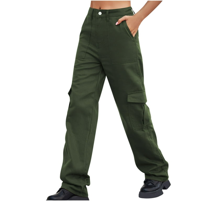 JWZUY Women High Waisted Cargo Pants Wide Leg Straight Casual Pants 6  Pockets Combat Military Trousers Army Green M