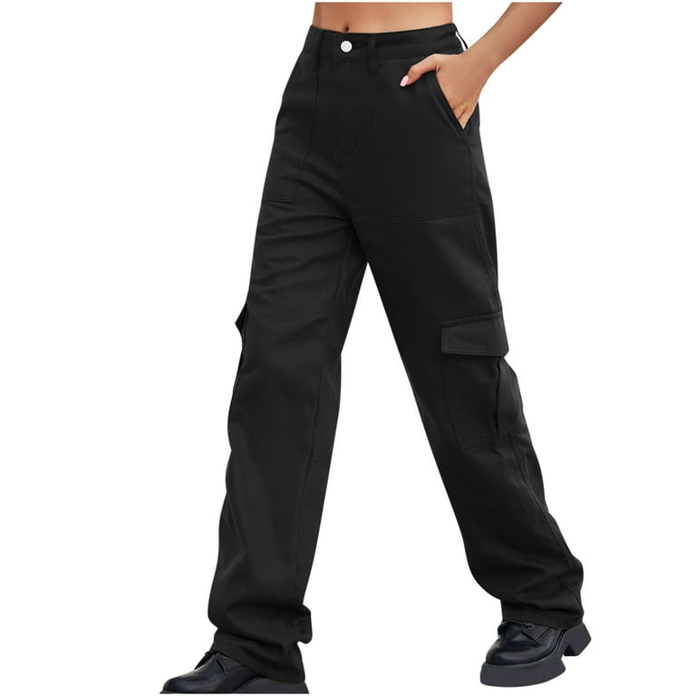 JWZUY Women High Waisted Cargo Pants Wide Leg Straight Casual Pants 6  Pockets Combat Military Trousers Black L 