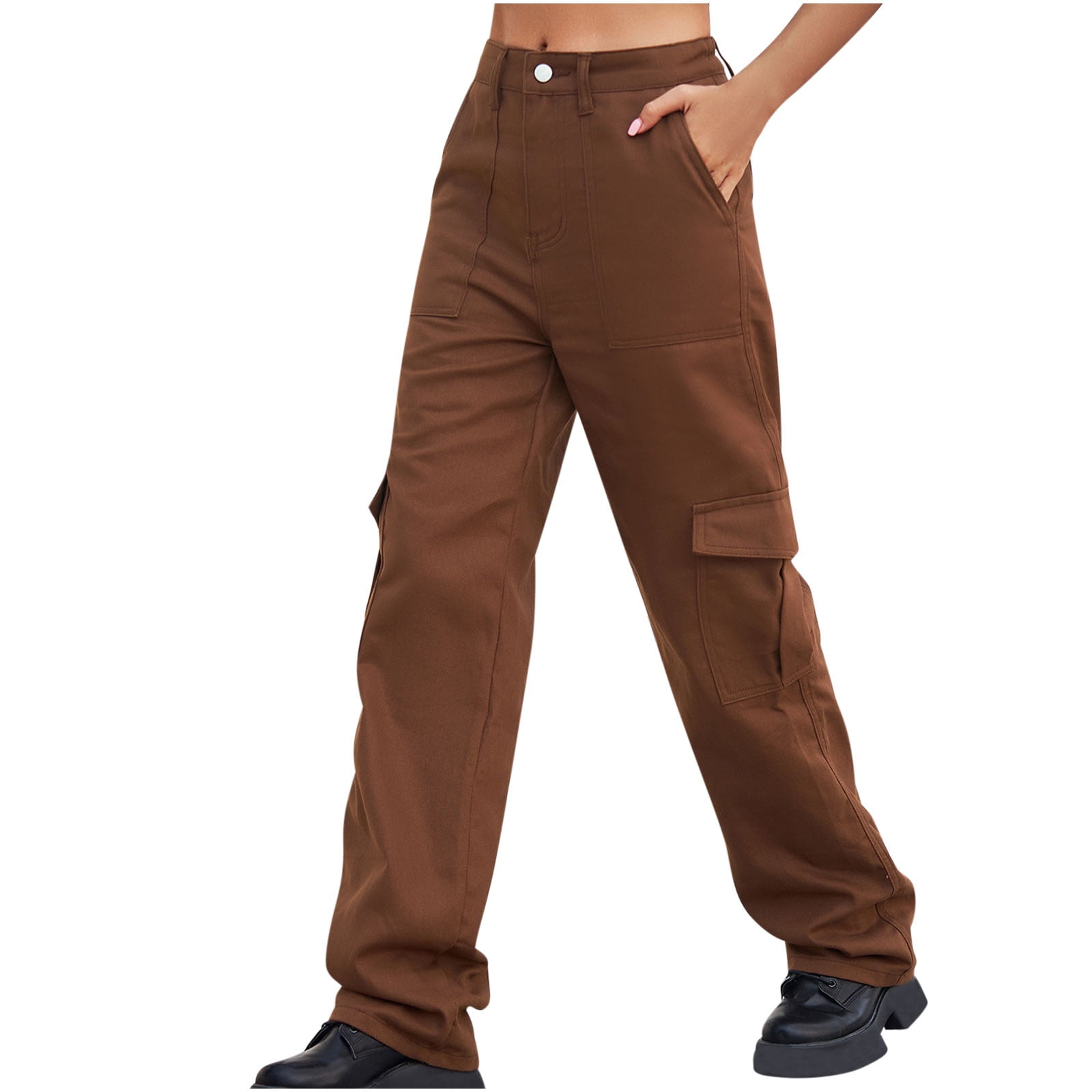 JWZUY Women High Waisted Cargo Pants Wide Leg Straight Casual Pants 6  Pockets Combat Military Trousers Brown XL 