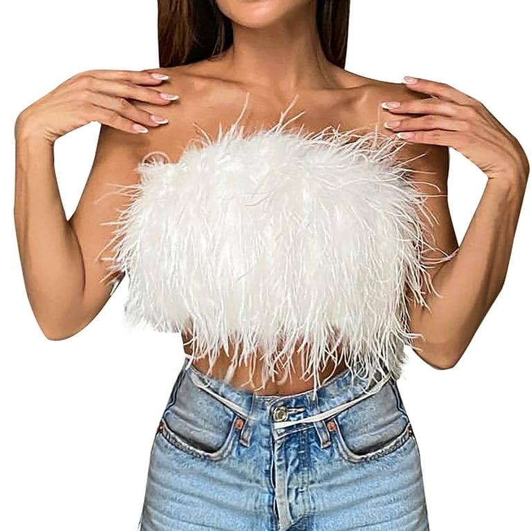 Fluffy Feather Rhinestone Denim Crop Top Fluffy Feather Rhinestone Denim Crop Top