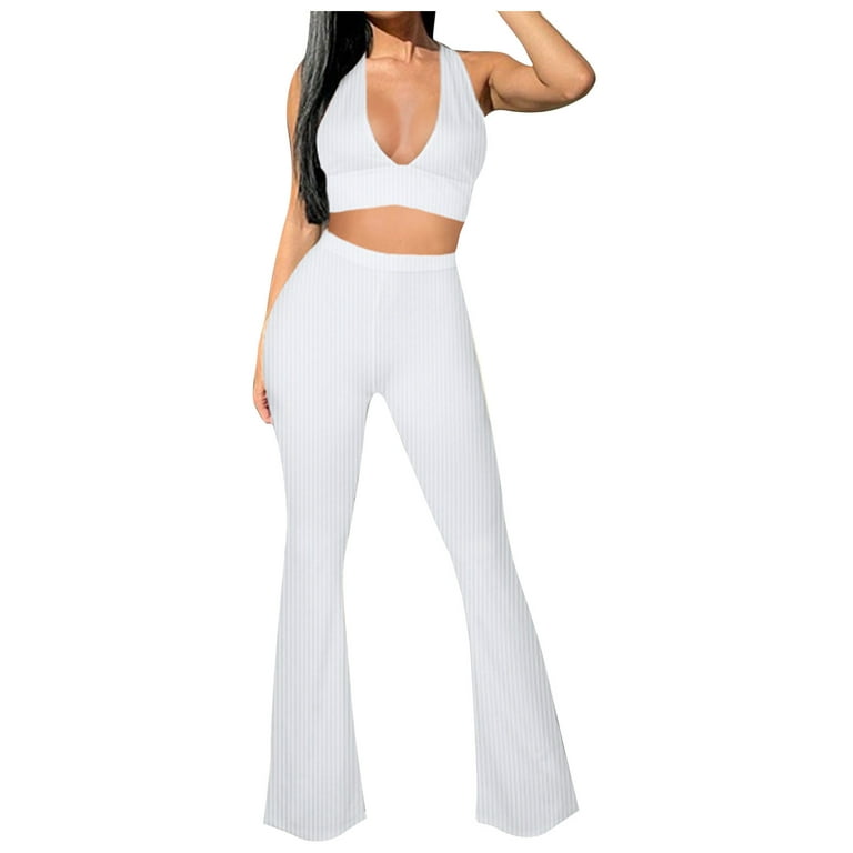 JWZUY Women's 2 Piece Outfits Ribbed V Neck Crop Tank with Flare Pants  Comfy Summer Going Out Set White S 