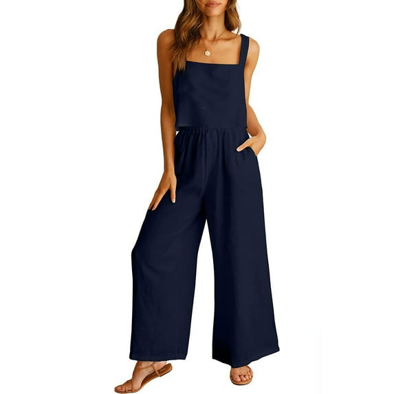 JWZUY Women's 2 Piece Outfits Square Neck Linen Tank Crop Top Wide Leg Pants Matching Lounge Set Tracksuit Dark Blue XXXL