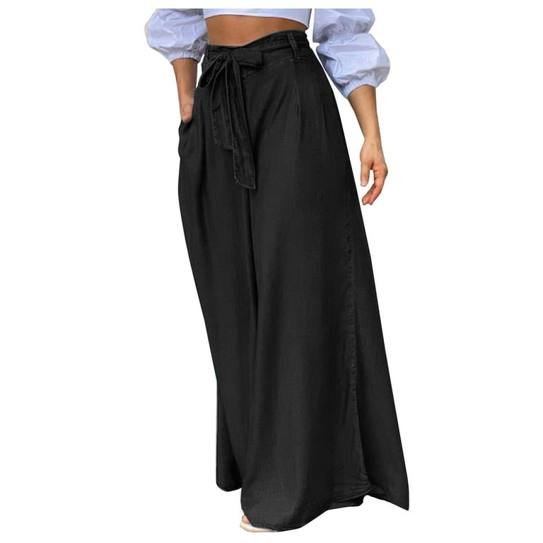JWZUY Women's Baggy Wide Leg Jeans Tie Waist Culottes Pants Floor Length  1-Black Medium