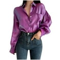 thumbnail image 1 of JWZUY Women's Button Down Shirts Casual Long Sleeve Cotton Blouse Basic Loose Fit Lantern Sleeve Work Formal Tunic Top Purple L, 1 of 8