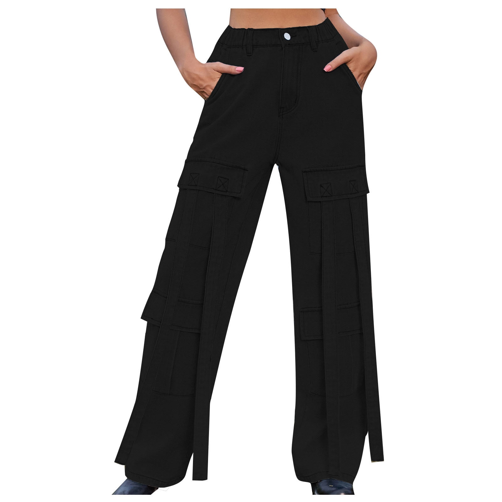 JWZUY Women's Cargo Pants Y2K High Waist Baggy Jeans Strappy Flap