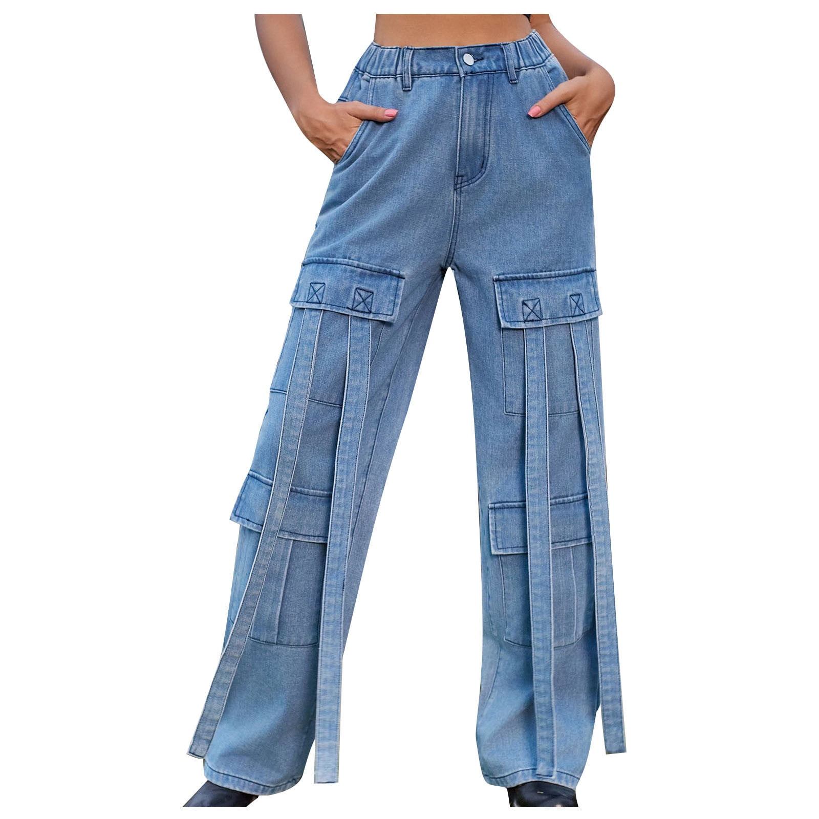 JWZUY Women's Cargo Pants Y2K High Waist Baggy Jeans Strappy Flap Pocket  Wide Leg Loose Denim Pants Streetwear Blue M 