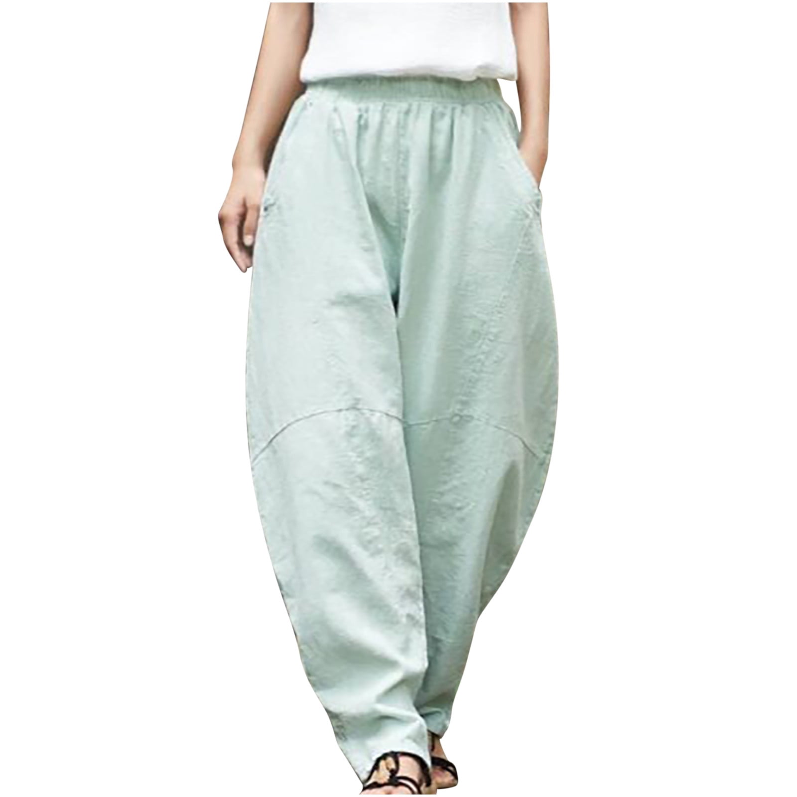 JWZUY Women's Casual Cotton Linen Slouchy Baggy Pants with Elastic Waist  Relax Fit Lantern Trouser Loose Leisure Summer Pants Mint Green L