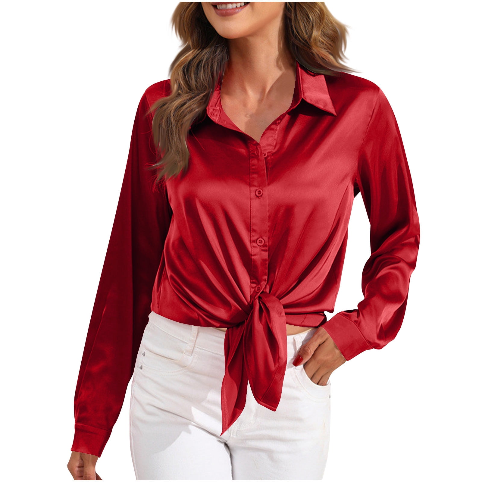 Allegra K Women's Business Bodysuit – Button Down Long Sleeve Satin Blouse, Collared Work Shirt
