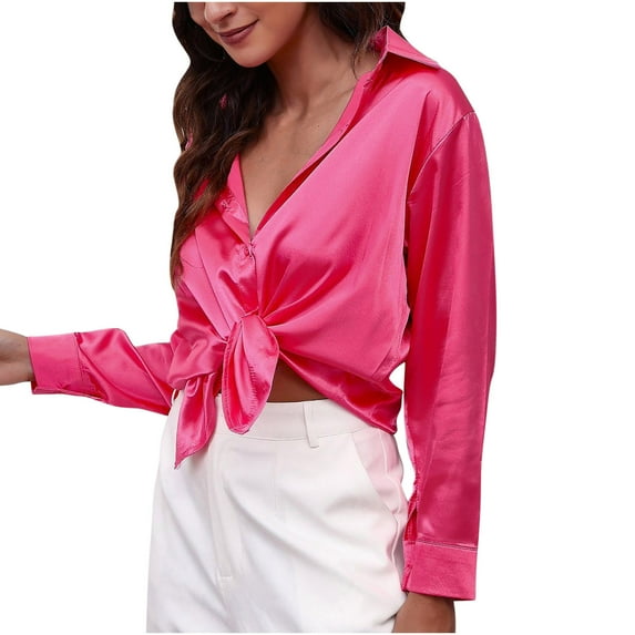 JWZUY Women's Casual Satin Silk Silks Long Sleeve Button Down Shirt Formal Work Blouse Top Drop Shoulder Solid Color Tops Hot Pink L