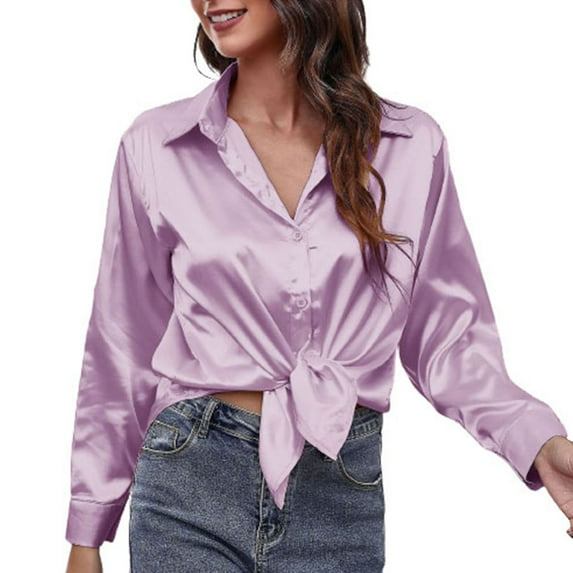 JWZUY Women's Casual Satin Silk Silks Long Sleeve Button Down Shirt Formal Work Blouse Top Drop Shoulder Solid Color Tops Purple M