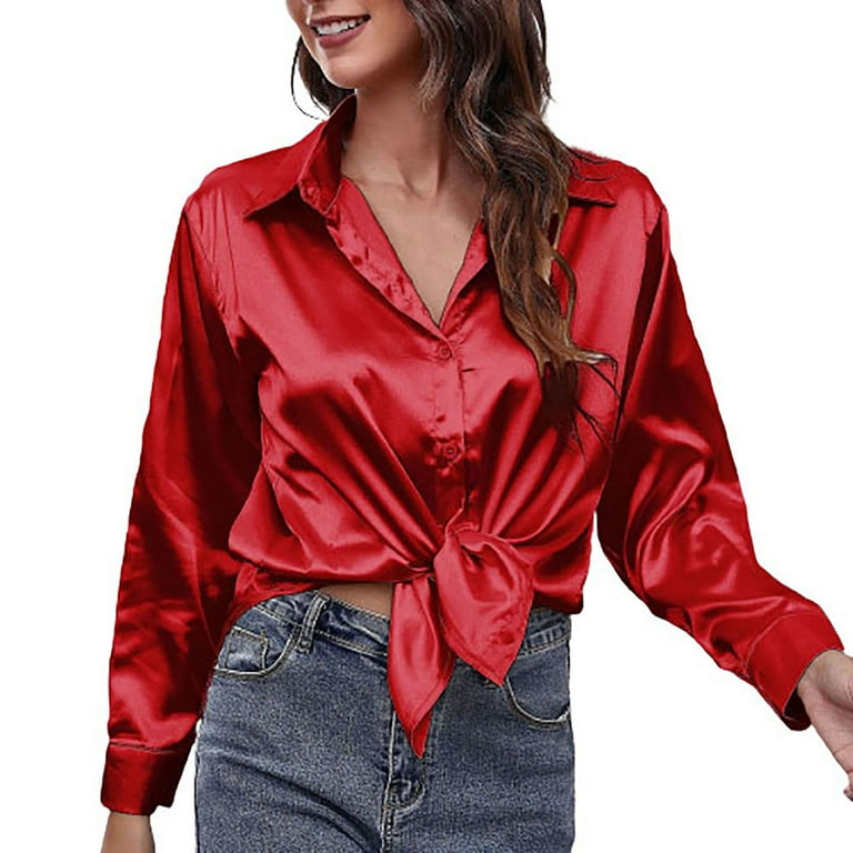 JWZUY Women s Casual Satin Silk Silks Long Sleeve Button Down Shirt Formal Work Blouse Top Drop Shoulder Solid Color Tops Red M