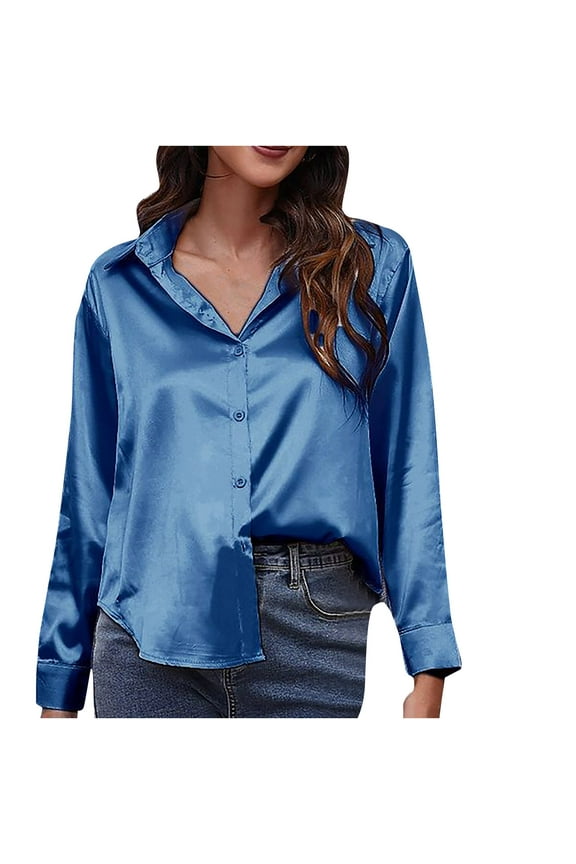 Women's Casual Satin Silk Silks Long Sleeve Button Down Shirt Formal Work Blouse Top Drop Shoulder Solid Color Tops Sky Blue S