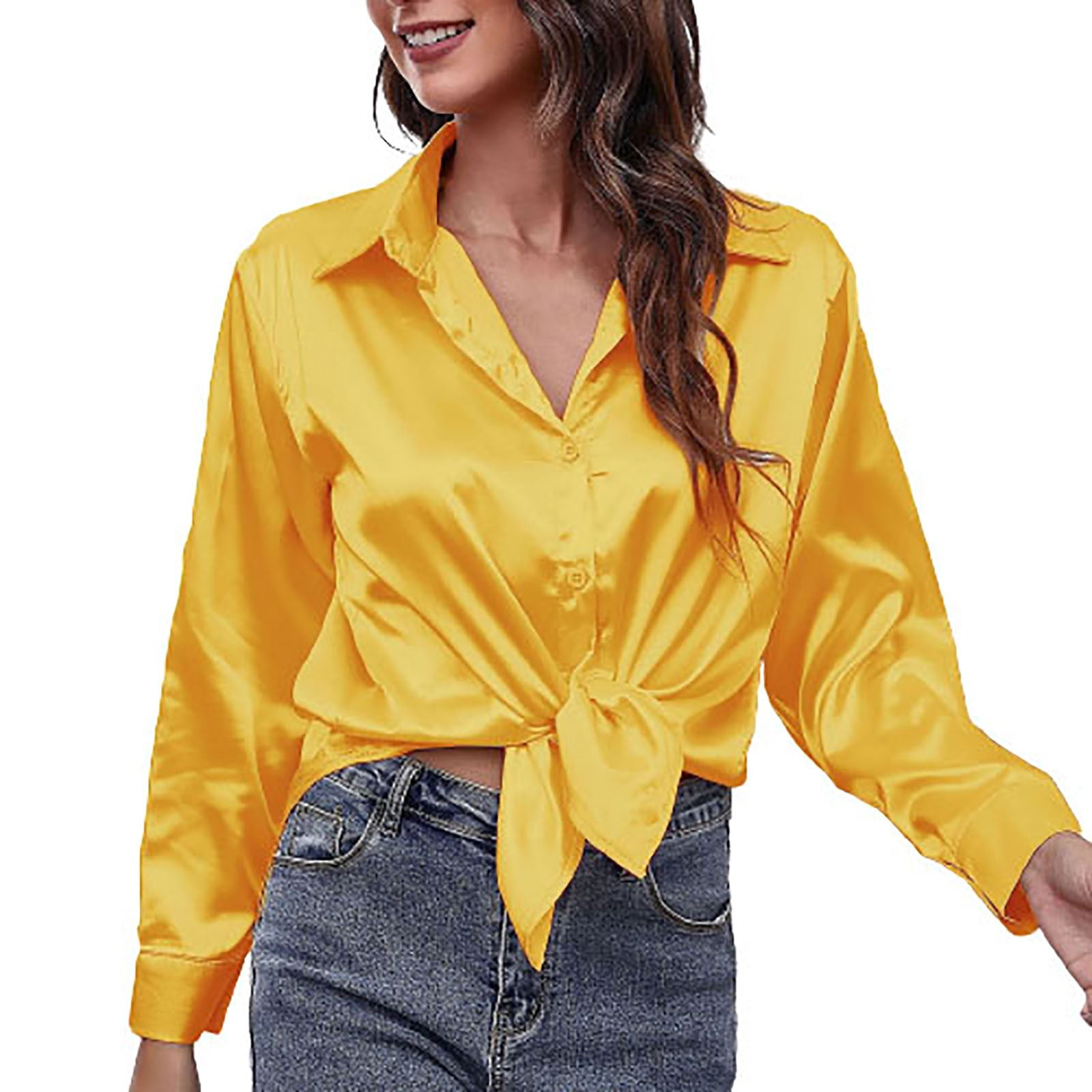 JWZUY Women's Casual Satin Silk Silks Long Sleeve Button Down Shirt Formal  Work Blouse Top Drop Shoulder Solid Color Tops Yellow S